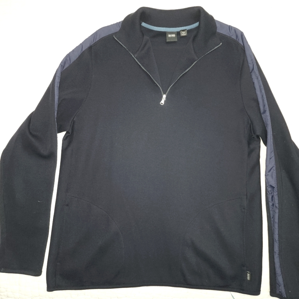 Hugo Boss Sweater Mens Large Black 1/4 Zip Pullover Long Sleeve Cotton XL